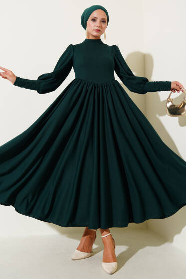 Önü Dikişli Bel Büzgülü Elbise Zümrüt - Elbise