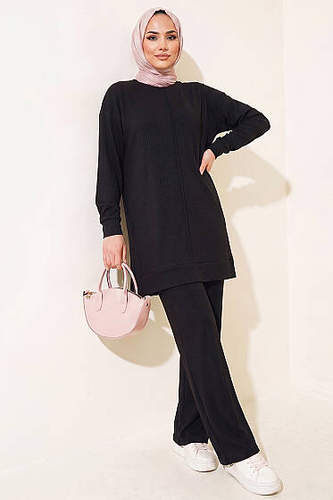 Önü Dikişli İkili Takım Siyah - İkili Takım