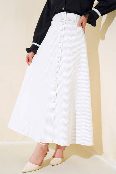 Önü Düğme Detaylı Çizgili Etek Ekru - Etek
