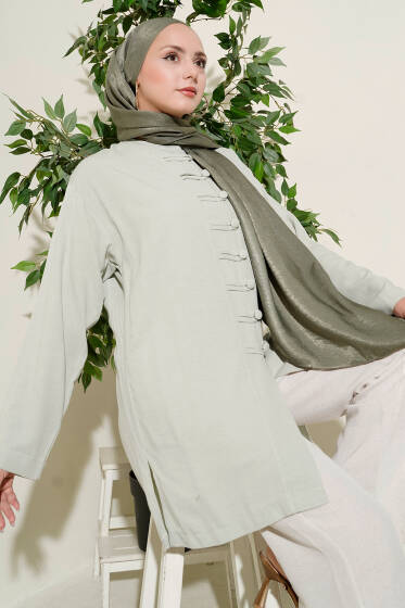 Önü Düğme Detaylı Keten Tunik Çağla Yeşili - Tunik