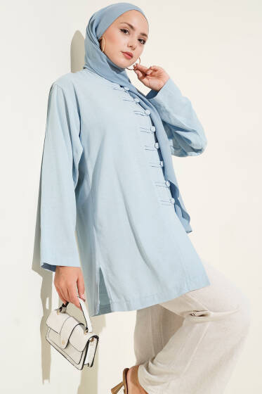 Önü Düğme Detaylı Keten Tunik Mavi - Tunik