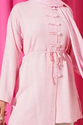 Önü Düğme Detaylı Keten Tunik Pembe - Tunik
