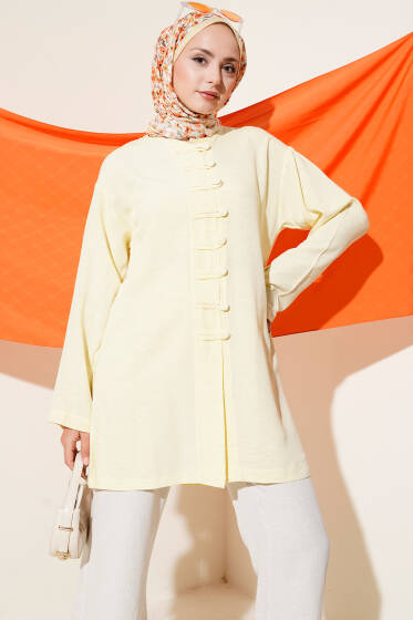 Önü Düğme Detaylı Keten Tunik Sarı - Tunik