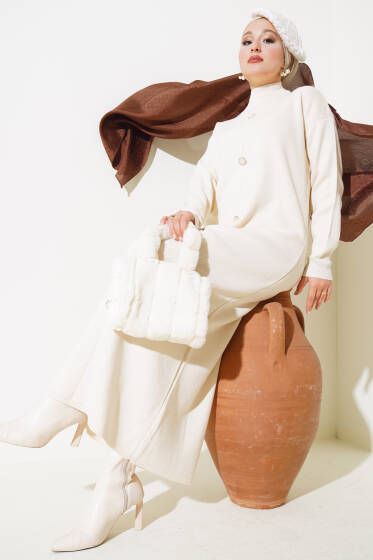 Önü Düğme Detaylı Triko Elbise Bej - Triko