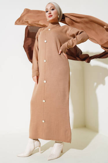 Önü Düğme Detaylı Triko Elbise Büsküvi - Triko