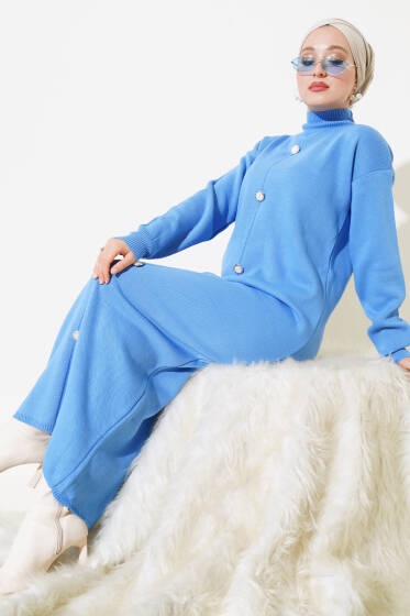 Önü Düğme Detaylı Triko Elbise İndigo - Triko