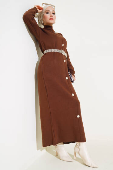 Önü Düğme Detaylı Triko Elbise Kahve - Triko