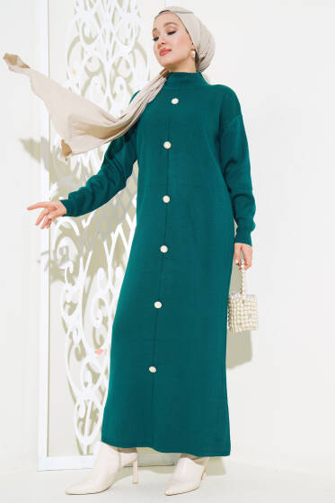 Önü Düğme Detaylı Triko Elbise Zümrüt - Triko