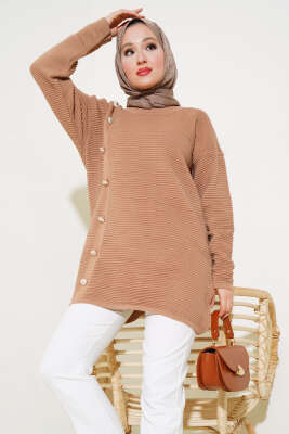 Önü Düğme Detaylı Triko Tunik Büsküvi - NOVALÜX