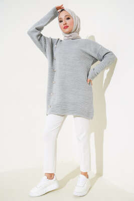Önü Düğme Detaylı Triko Tunik Gri - Triko Tunik