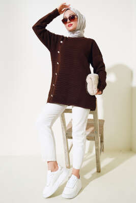 Önü Düğme Detaylı Triko Tunik Kahve - Triko Tunik