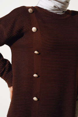 Önü Düğme Detaylı Triko Tunik Kahve - Triko Tunik