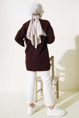 Önü Düğme Detaylı Triko Tunik Kahve - Triko Tunik