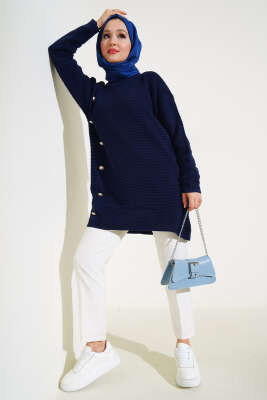 Önü Düğme Detaylı Triko Tunik Lacivert - Triko Tunik