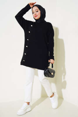 Önü Düğme Detaylı Triko Tunik Siyah - Triko Tunik