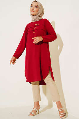 Önü Düğme Detaylı Tunik Bordo - Tunik