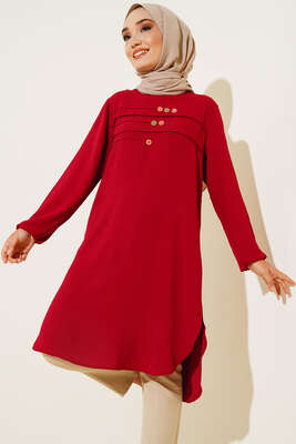 Önü Düğme Detaylı Tunik Bordo - Tunik
