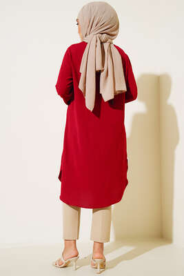 Önü Düğme Detaylı Tunik Bordo - Tunik