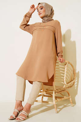 Önü Düğme Detaylı Tunik Camel 