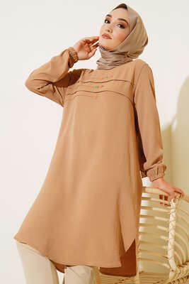 Önü Düğme Detaylı Tunik Camel - Tunik