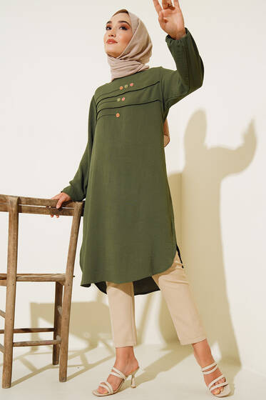 Önü Düğme Detaylı Tunik Haki - Tunik