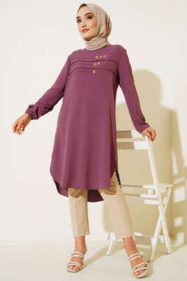 Önü Düğme Detaylı Tunik Magenta - Tunik