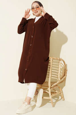 Önü Düğmeli Ayrobin Acı Kahve Uzun Hırka 