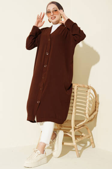 Önü Düğmeli Ayrobin Acı Kahve Uzun Hırka - Hırka
