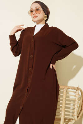 Önü Düğmeli Ayrobin Acı Kahve Uzun Hırka - Hırka