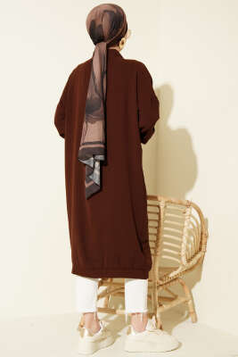 Önü Düğmeli Ayrobin Acı Kahve Uzun Hırka - Hırka