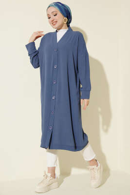 Önü Düğmeli Ayrobin Bondi Mavisi Uzun Hırka 