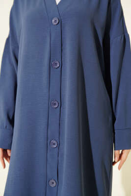 Önü Düğmeli Ayrobin Bondi Mavisi Uzun Hırka - Hırka