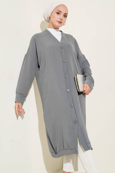 Önü Düğmeli Ayrobin Gri Uzun Hırka - Hırka