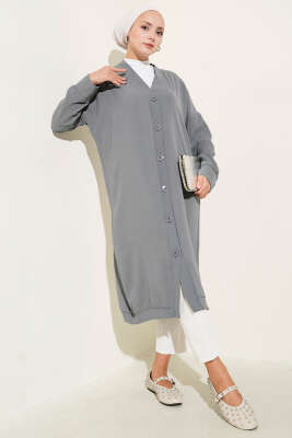 Önü Düğmeli Ayrobin Gri Uzun Hırka - Yılın Fırsatı