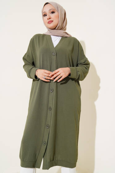 Önü Düğmeli Ayrobin Haki Uzun Hırka - Hırka