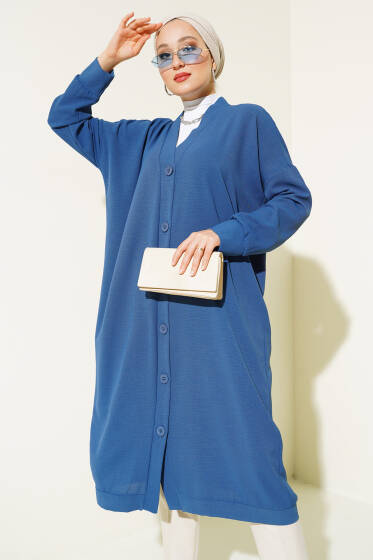 Önü Düğmeli Ayrobin İndigo Uzun Hırka - Hırka