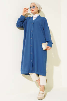 Önü Düğmeli Ayrobin İndigo Uzun Hırka - Yılın Fırsatı