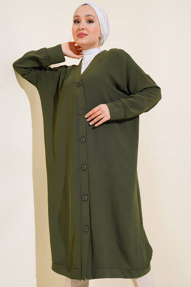 Önü Düğmeli Ayrobin Koyu Haki Uzun Hırka - Hırka