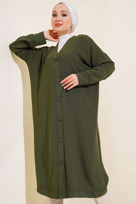 Önü Düğmeli Ayrobin Koyu Haki Uzun Hırka - Yılın Fırsatı