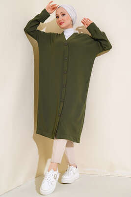 Önü Düğmeli Ayrobin Koyu Haki Uzun Hırka - Yılın Fırsatı