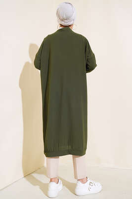 Önü Düğmeli Ayrobin Koyu Haki Uzun Hırka - Yılın Fırsatı