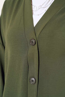 Önü Düğmeli Ayrobin Koyu Haki Uzun Hırka - Yılın Fırsatı