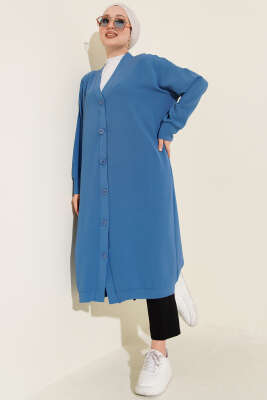 Önü Düğmeli Ayrobin Mavi Uzun Hırka - Hırka