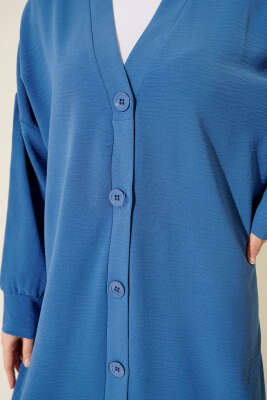 Önü Düğmeli Ayrobin Mavi Uzun Hırka - Hırka