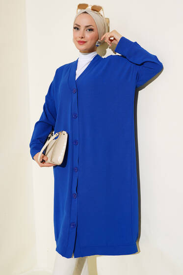 Önü Düğmeli Ayrobin Saks Uzun Hırka - Hırka