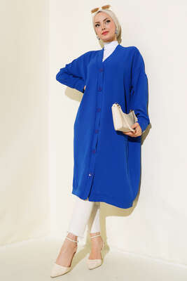 Önü Düğmeli Ayrobin Saks Uzun Hırka - Yılın Fırsatı