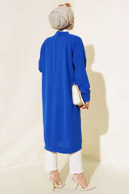 Önü Düğmeli Ayrobin Saks Uzun Hırka - Yılın Fırsatı