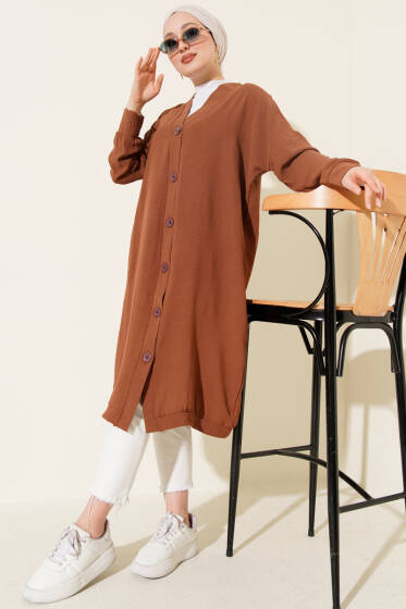 Önü Düğmeli Ayrobin Taba Uzun Hırka - Hırka
