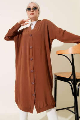 Önü Düğmeli Ayrobin Taba Uzun Hırka - Hırka