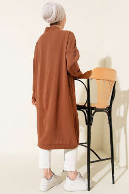 Önü Düğmeli Ayrobin Taba Uzun Hırka - Hırka